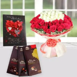 Beautiful Big bunch of 50 red and white roses, 3 bournville dark chocolates, valentine greeting card 
