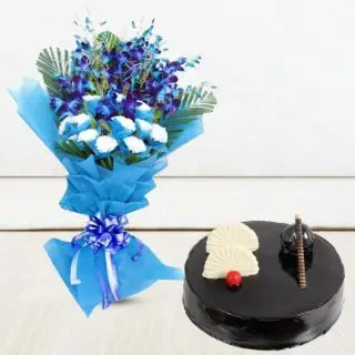 Beautiful Bouquet of 8 blue orchids with 10 white carnations with chocolate cake 