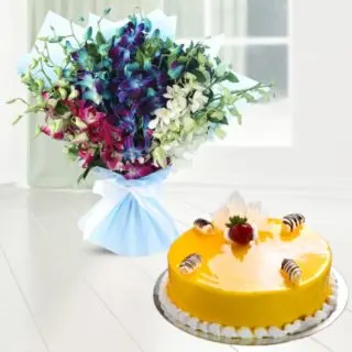 Beautiful bouquet of mix colour orchids with mango cool cake 