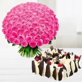Beautiful Bunch of 100 pink roses with premium quality white forest cake 