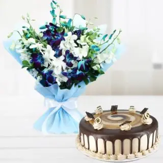Beautiful bunch of 10 mix colour orchids with 1 kg irish chocolate cake 