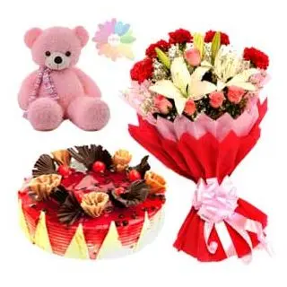 Beautiful Bunch of lilies, roses, carnations in mixed colour with blueberry cake with 6 inch teddy bear