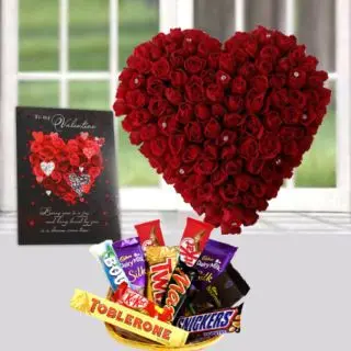 Beautiful heart shape arrangement of 40 red roses, basket of assorted chocoltes, valentine Greeting card 