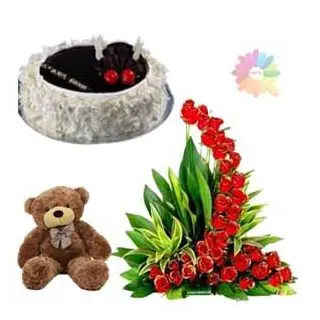 Beautiful L shape arrangement of 30 red roses with 6 inch teddy bear with choco vanilla fresh cream cake 