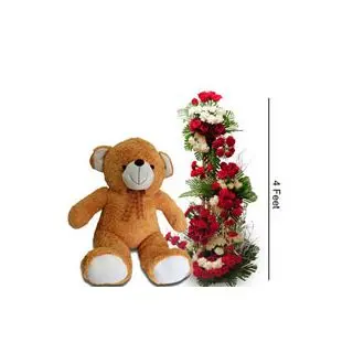 Beautiful Looking 4 Feet Height Arrangment Of Red And White Carnation With 3 Feet Height Big Teddy Bear