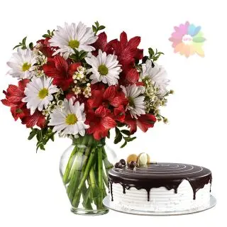 Beautiful Mix flowers arrangement in glass vase with 1 kg choco vanilla cake