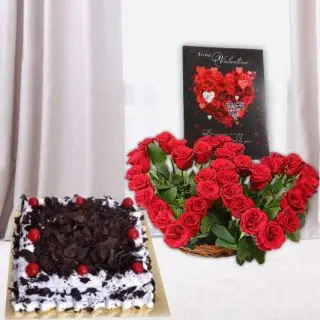 Beautiful twin heart shape arrangement of 30 red roses, Half kg square shape black forest cake, valentine Greeting card 