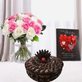 Beautiful vase arrangement of 12 pink and white roses, Half kg chocolate fudge cake, valentine Greeting card