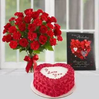 Beautiful vase arrangement of 20 red roses with red carnations, 1 kg heart shape red velvet cake with valentine greeting card  