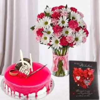Beautiful Vase arrangement of exotic mix flowers, Half kg strawberry cake, valentine  Greeting card 