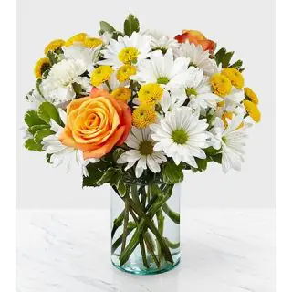 Beautiful vase arrangement of orange roses with white daisies and gerberas 