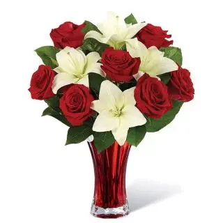5 white lilies with 15 red roses arranged in vase