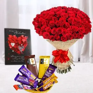 Big Bunch of 100 red roses, Basket of assorted chocolates, valentine greeting card 