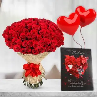 Big Bunch of Gorgeous 50 red roses with a beautiful valentine day card with pair of heart shape balloons 