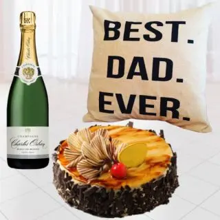 Bottle of champagne, 1 pound irish chocolate cake with photo cushion 