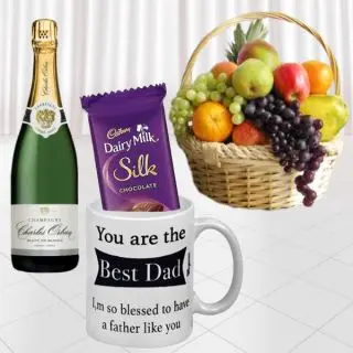 Bottle of champagne , 2 kg seasonal fruit basket , photo mug with dairy milk silk 