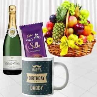 Bottle of champagne, 3 kg seasonal fruit basket , dairy milk silk with photo mug 