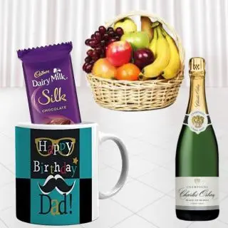 Bottle of champagne, dairy milk silk, photo mug with basket of 2 kg assorted fruits 