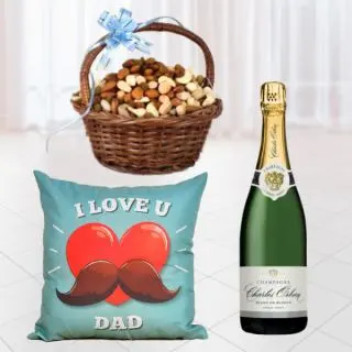 Bottle of champagne, half kg assorted Nuts with photo cushion 