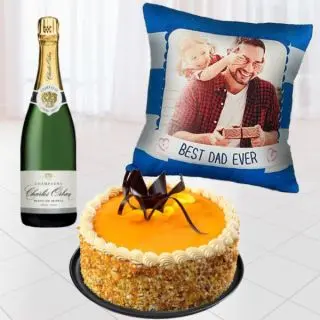 Bottle of champagne , half kg honey almond cake with photo cushion 