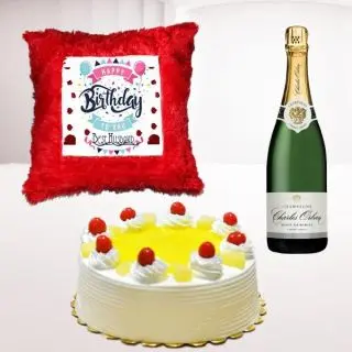 Bottle of champagne, half kg pineapple cake, with photo cushion 