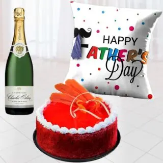 Bottle of champagne, half kg red velvet cool cake, photo cushion 