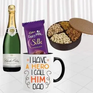 Bottle of champagne , photo mug with dairy milk silk with box of half kg assorted dry fruits 
