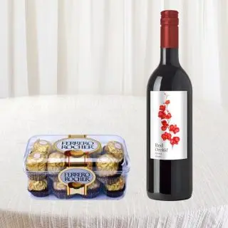 Bottle of red wine with box of 16 pcs rocher ferrero chocolates 