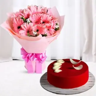 Bouquet of 10 pink gerberas with red velvet cool cake 