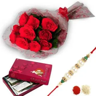 bouquet of 10 red roses with 1 kg kaju katli with 1 rakhi and roli chawal