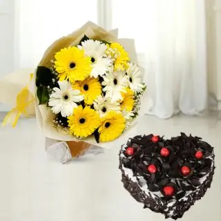 Bouquet of 10 yellow and white gerberas with black forest heart shape cake 
