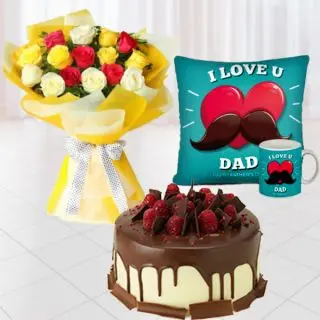 Bouquet of 12 mix colour roses, half kg chocolate strawberry cake, set of photo mug with photo cushion 