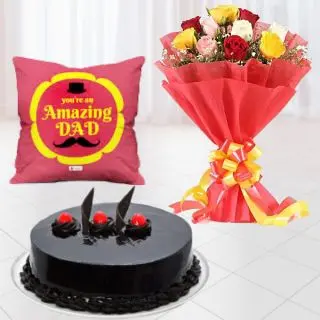 Bouquet of 12 mix colour roses, half kg chocolate truffle cake with photo cushion 