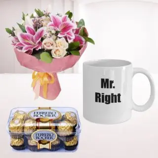 Bouquet of 12 mix flowers, box of 16 pcs rocher ferrero chocolates, photo mug 