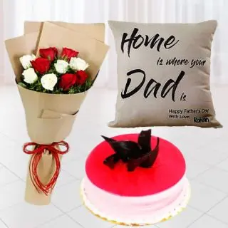 Bouquet of 12 red and white roses, Half kg strawberry cool cake, Photo cushion 