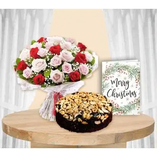 Bouquet of 20 Red and Pink roses , cashew Plum cake, Christmas card