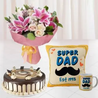 Bouquet of exotic mix flowers, set of photo mug with photo cushion with half kg irish coffee cake