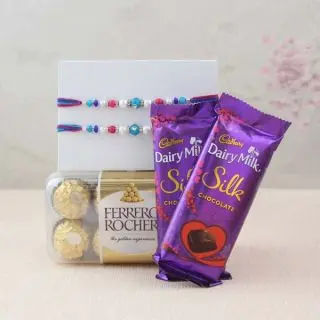 Box of 16 pcs rocher ferrero chocolates, 2 dairy milk silk, 2 rakhi 