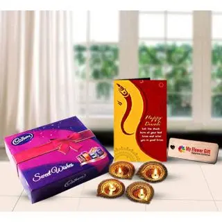 Box of celebration chocolates, set of 4 traditional Diwali Diyas, Greeting Card