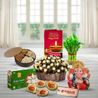Box of Assorted Dry fruits, Basket of 24 pcs Ferrero Rocher, Kaju katli, traditional Diwali diyas, Ganesha Idol, 2 layer lucky bamboo plant with Diwali card