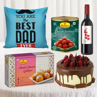 box of half kg motichoor laddu , half kg choco strawberry cake , 1 kg gulab jamun, bottle of wine, with photo cushion 
