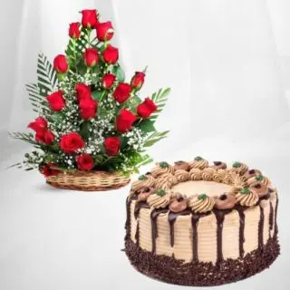 Basket arrangement of 20 red roses with chocolate cake 