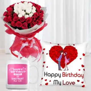 Bunch of 50 red and white roses with a photo cushion and a photo mug 