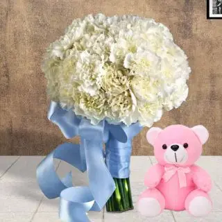 Bunch of 10 white carnation with 1 feet height pink teddy bear