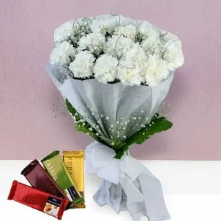 Bunch of 12 white carnations with set of 4 temptations chocolates