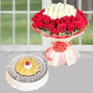 Bunch of 100 red and white roses with 1 kg pineapple premium quality cake 