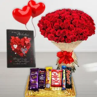 Bunch of 100 red roses, basket of assorted chocolates, with valentine day greeting card with 2 heart shape balloons 