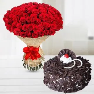 Bunch of 100 red roses with black forest cool cake 