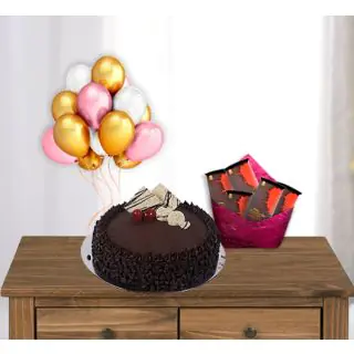 Bunch of 10 blown balloons with chocolate chips cake with pack of 5 bournville dark chocolates 