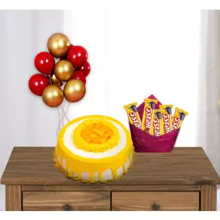 bunch of 10 blown balloons with mango cool cake with pack of Five 5star chocolates 